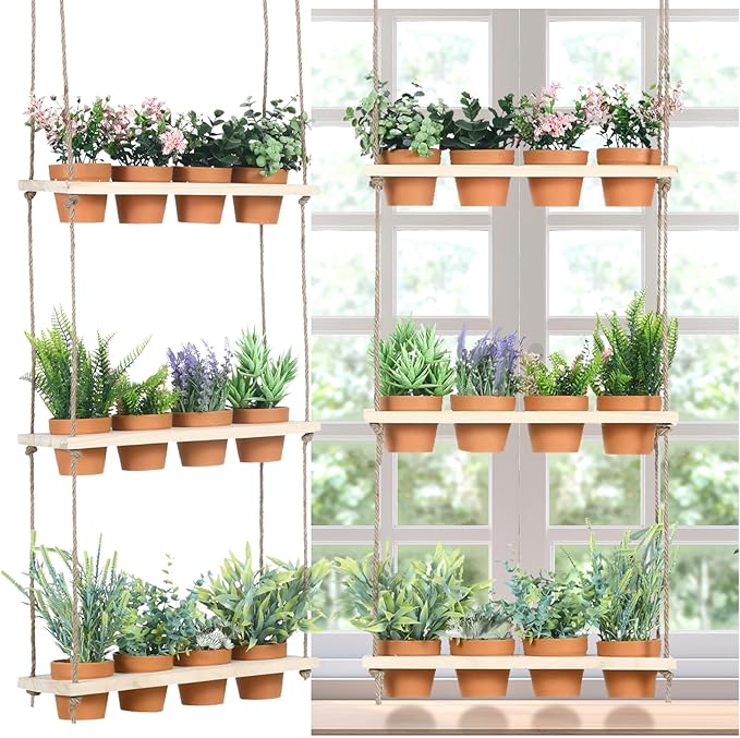 3 Tiered Hanging Herb Planters Hanging Herb Garden Wall with 12 Pcs Nursery Pot Wood Vertical Window Plant Shelf with Holes and Rope Plastic Flower Pots Spring Garden Indoor Kitchen