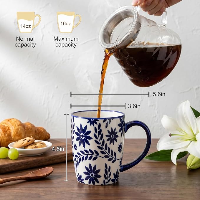 glowworm Ceramic Coffee Mugs, 16 Ounce Coffee Cups with Handle, Blue&White | Prefect for Cappuccino, Milk , Hot Cocoa, Tea, Vintage Coffee Mug for Kitchen, Dishwasher & Microwave Safe, Set of 6