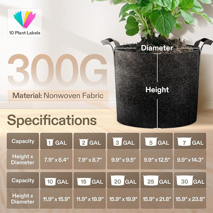 VIVOSUN 5-Pack 5 Gallon Grow Bags Heavy Duty 300G Thickened Nonwoven Plant Fabric Pots with Handles
