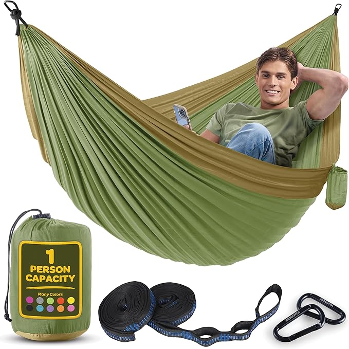 Durable Hammock 400 lb Capacity, Nylon Camping Hammock Chair - Double or Single Sizes w/Tree Straps and Attached Carry Bag - Portable for Travel/Backpacking/Beach/Backyard (Medium, Khaki & Army Green)