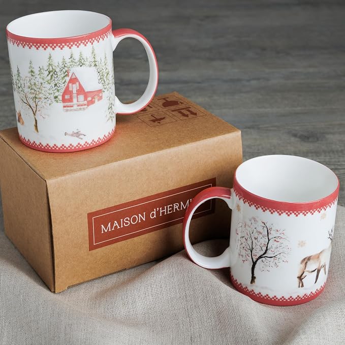 Maison d' Hermine Coffee Mug with Handles Tea Cups (12 Ounce, Pack of 2) | Fine Bone China Coffee Mugs for Hot Beverages Cappuccino Latte Home Restaurant Hotel Spring Summer -Rural Christmas