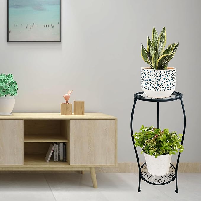 2 Pack 25.2 inch Metal Plant Stand Rack for Round Flower Pot, 2 Tier Potted Holder Indoor Outdoor Rustproof Wrought Iron Heavy Duty Planter Shelf for Corner Living Room Balcony Garden Patio, Black