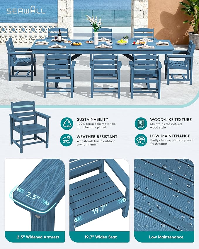 SERWALL 9 Piece Outdoor Dining Set, 84" HDPE Outdoor Table and Chairs for 8,All Weather Patio Furniture Set with Umbrella Hole for Backyard, Garden, Blue