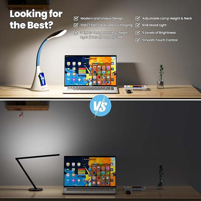Modern Heavy Duty Bright LED Desk Lamp for Home Office, Wireless Charging, Touch Table Lamp, Adjustable Neck & Height, 5 Brightness Level, 3 Light Temps, 56 LEDs & 4 Years Lifespan (Gray)