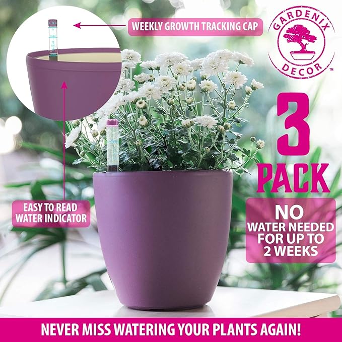 GARDENIX DECOR Self Watering Pots for Indoor Plants 3 Pack - Flower Pot with Water Level Indicator for Plants, Grow Tracking Tool - Self Watering Planter Plant Pot - Coco Coir - Purple