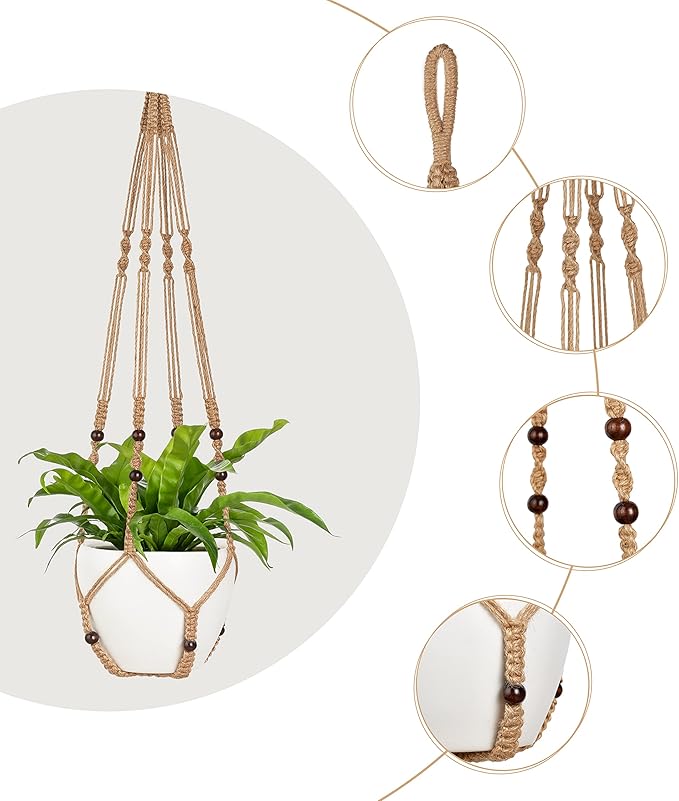 Mkono 43 Inch Macrame Plant Hanger Large for up to 12 Inch Pot Extra Long Hanging Plant Holder No Tassels Hanging Planter Basket with Wood Beads for Indoor Outdoor Home Decor, Brown
