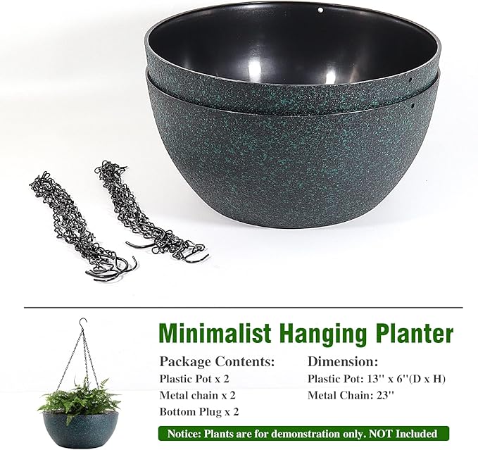 WOUSIWER 13 inch 2 Pack Large Hanging Planters for Indoor Outdoor Plants with Drainage Holes and Chain, Round Hanging Flower Pots for Garden Home Porch Decor, Black with Green Speckles