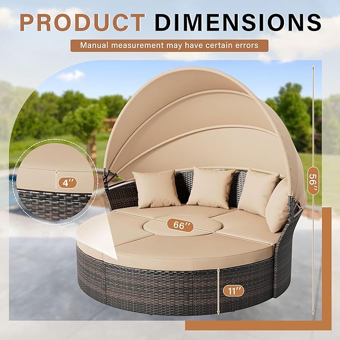 Crownland Outdoor Daybed with Retractable Canopy, Patio Round Daybed with Washable Cushions, Clamshell Sectional Seating, Wicker Furniture for Backyard, Patio, Garden, Pool (Light Brown)