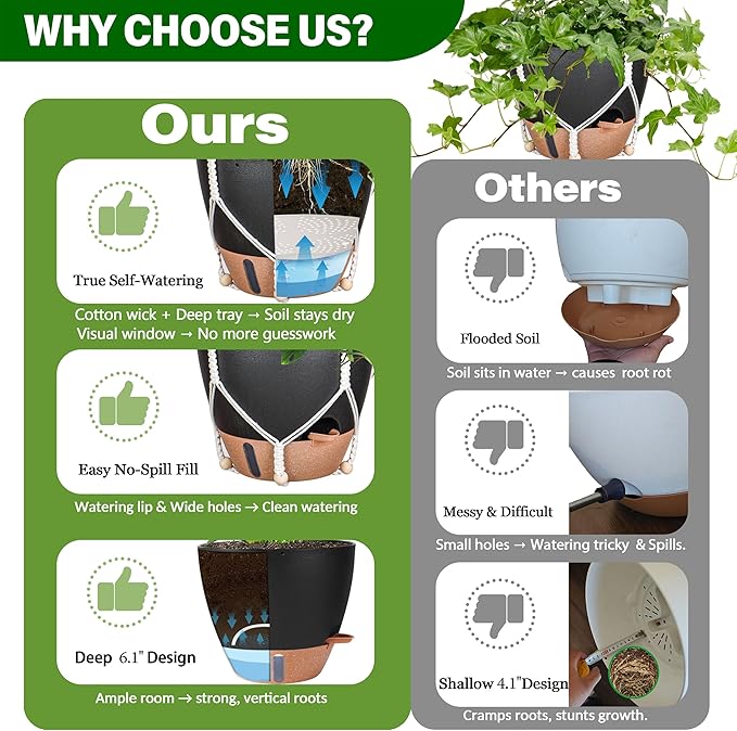 10 Inch Hanging Planters for Indoor Plants, 2 Pack Self Watering Hanging Baskets Flower Pots with Drainage Hole, Visual Reservoir & 2 Kinds of Plant Hanger for Outdoor Garden Home Decor(Black)