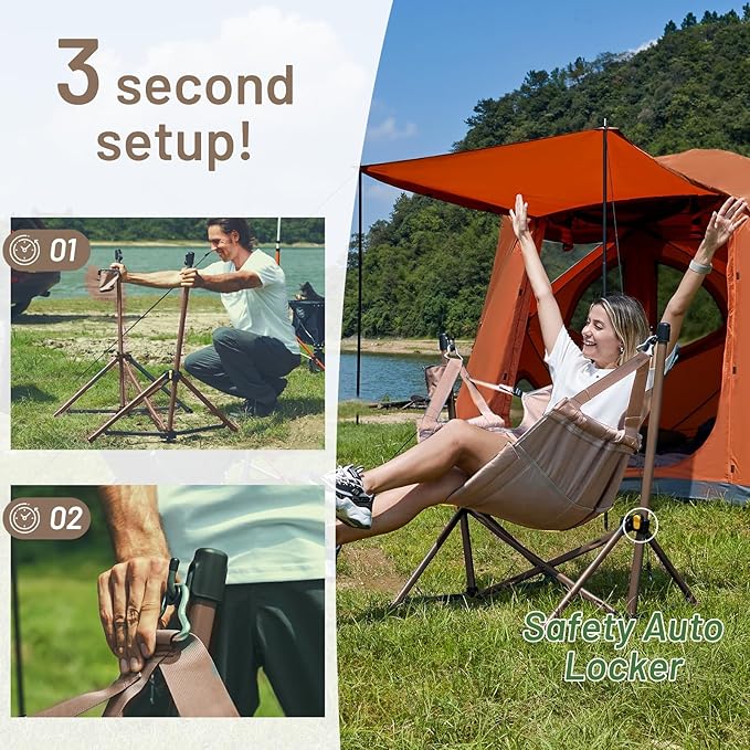TIMBER RIDGE Hammock Camping Chair with Adjustable Backrest, Heavy Duty Folding Hammock Chair Supports 300lbs, Portable Hammock Chair for Camping, Travelling and Patio, Tan 2 Pack