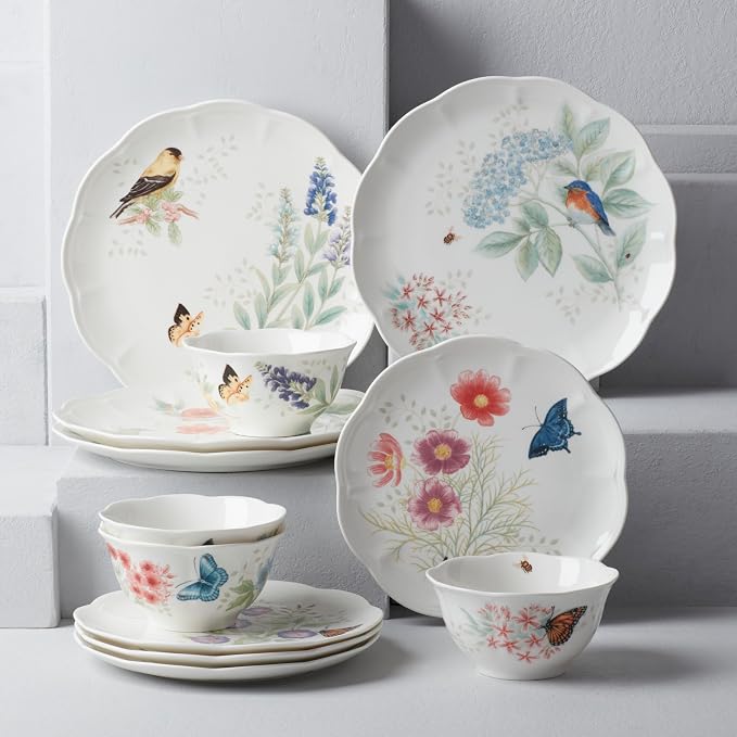 Lenox Dinnerware Set, Butterfly Meadow Flutter 12-Piece Set, Service For 4, Elegant White Porcelain, Dishwasher Safe, Chip Resistant, Plates And Bowls Sets, Home and Kitchen (Assorted, 12 Pieces)