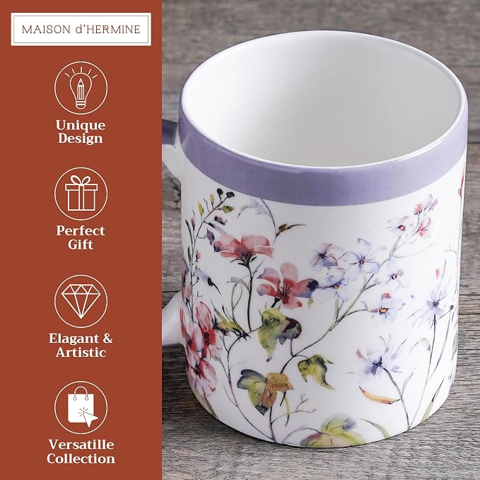 Maison d' Hermine Coffee Mug with Handles Tea Cups (12 Ounce, Pack of 1) | Fine Bone China Coffee Mugs for Hot Beverages Cappuccino Latte Home Restaurant Spring Summer -Summer Floral - Cornflower