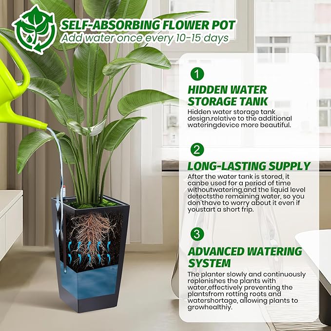 GarveeLife 16 in Tall Planters Set of 2, Outdoor&Indoor Black Planter Pots, High Front Porch Planter Pots with Drainage Holes&Water Level Monitor&Inner Bucket, Automatic Watering,Black