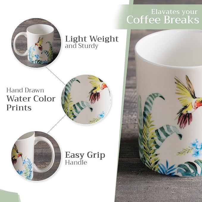 Maison d' Hermine Coffee Mug with Handles Tea Cups (12 Ounce, Pack of 2) | Fine Bone China Coffee Mugs for Hot Beverages Cappuccino Latte Home Restaurant Hotel Spring Summer -Tropiques