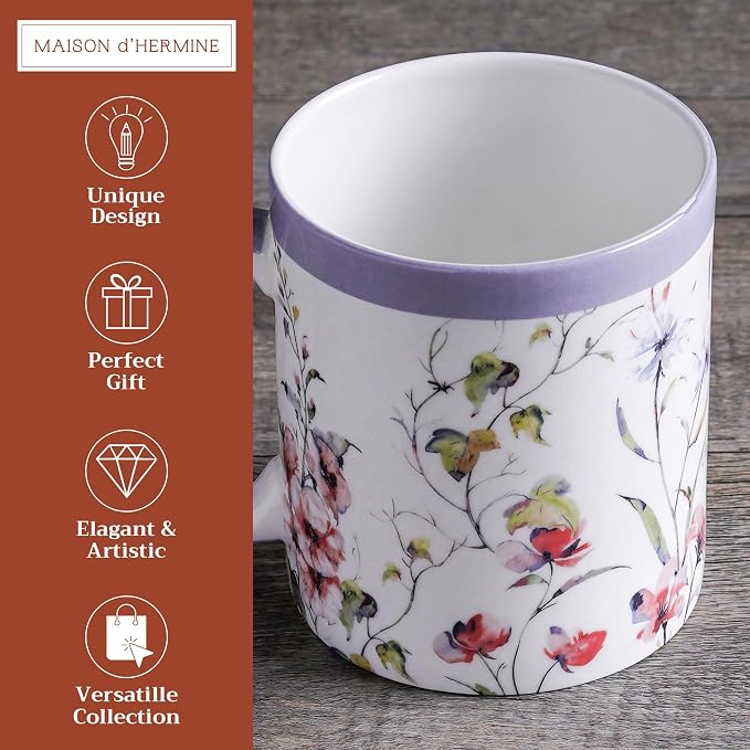 Maison d' Hermine Coffee Mug with Handles Tea Cups (12 Ounce, Pack of 1) | Fine Bone China Coffee Mugs for Hot Beverages Cappuccino Latte Home Restaurant Spring Summer -Summer Floral - Pink Clover