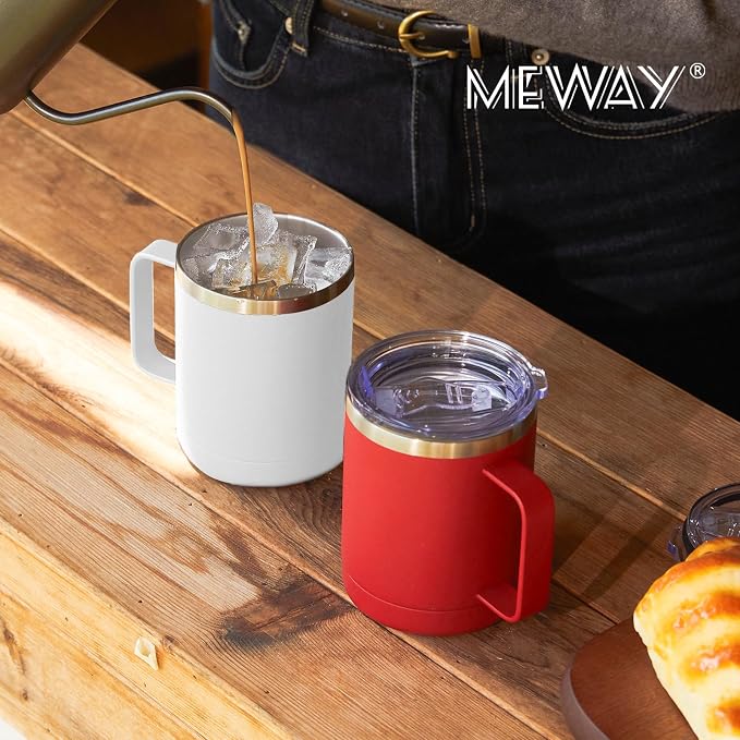 MEWAY 12oz Coffee Mug With Handle and Sliding Lid,Stainless Steel Travel Tumbler Cup with Handle,Double Wall Vacuum Insulated Camping Cup for Hot & Cold Drinks Tea (White, Set of 1