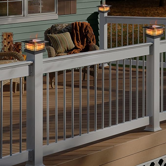 Dynaming 8 Pack Solar Post Cap Lights Outdoor with Flickering Flame Light, Fence Post Solar Lights Fit for 4x4 5x5 6x6 Vinyl/Wooden Posts, High Brightness SMD LED Lighting Decor for Garden Deck Patio