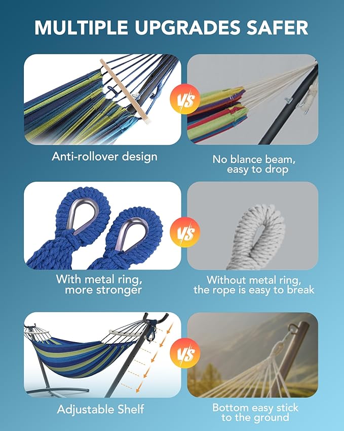 Double Hammock with Space-Saving Steel Stand, 2 Person Heavy-Duty Hammock for Garden, Yard or Outdoor, 600lbs Capacity, Wide Blue