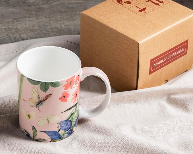 Maison d' Hermine Coffee Mug with Handles Tea Cups (12 Ounce, Pack of 1) | Fine Bone China Coffee Mugs for Hot Beverages Cappuccino Latte Home Restaurant Hotel Spring Summer -Canne - Fargesia