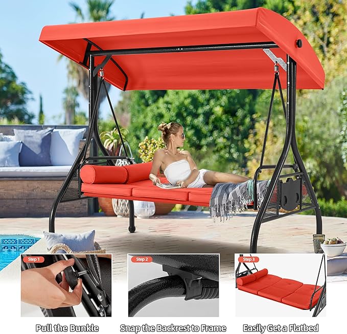 HOMREST 3 Seat Outdoor Porch Swing with Adjustable Canopy, Convertible Patio Swing Bed with Stand, Patio Glider Swing with Upgraded Cup Holder, Thicken Cushions & Pillow for Backyard(Orange)