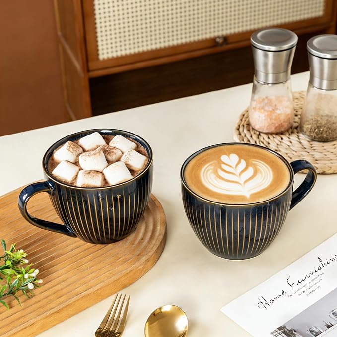 Ceramic Coffee Mugs with Handles, 24 oz Coffee Cups, Vertical Stripe Blue | Large Soup Bowl for Hot Chocolate, Cappuccino, Ramen, Oatmeal, Soup Mugs with Handles, Microwave & Dishwasher Safe