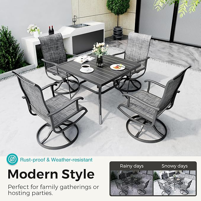 Pamapic 5-Piece Outdoor Dining Set, Patio Dining Set for 4, Outdoor Table and Chairs, All-Weather Outdoor Patio Set with Textilene Swivel Chairs for Garden, Poolside, Deck,Gray