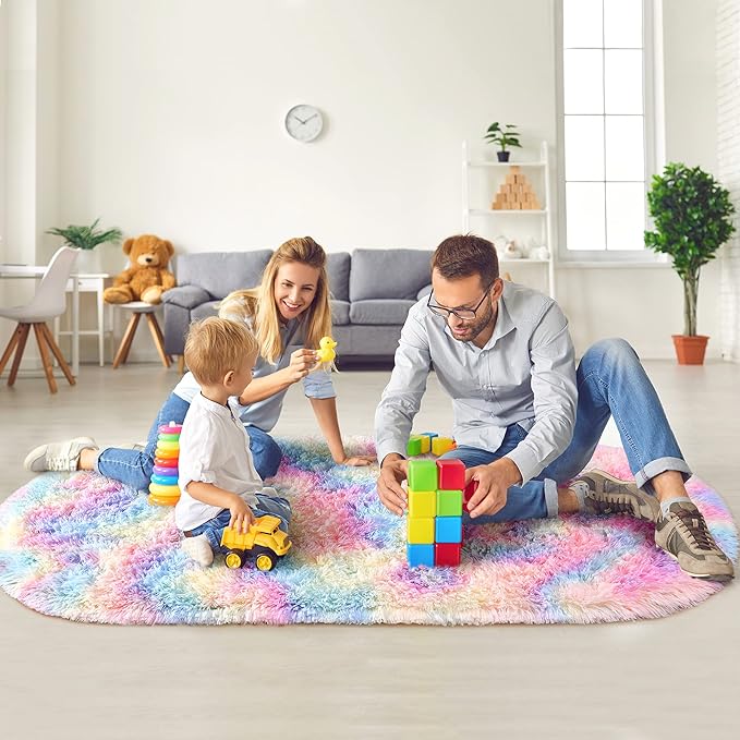 Noahas Rainbow Rug for Kids Room,Fluffy Rugs for Bedroom,2'X 5' Oval Ultra Soft Bedroom Rugs,Small Throw Rugs, Kids Room Carpet Modern Shaggy Area Rugs Home Decor