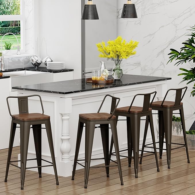 Yongchuang 26 inch Bar Stools Set of 4 Industrial Kitchen Counter Height Barstools with Wood Seat Metal Low Back Bar Chairs Gunmetal