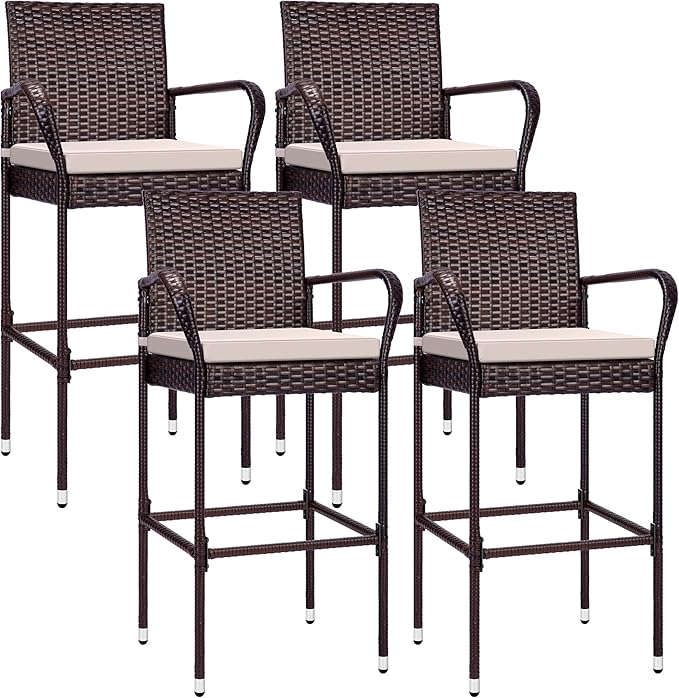 VIVOHOME 4 Packs Outdoor Wicker Barstool Patio Rattan Furniture with Armrests and Cushions, Brown