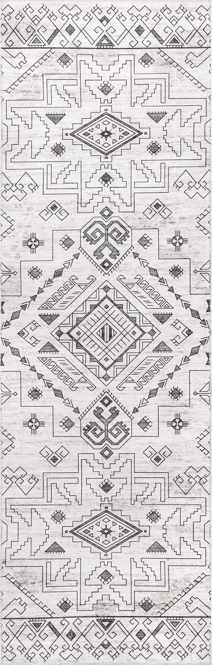 nuLOOM Malena Tribal Bordered Machine Washable Ultra Thin Runner Rug, 2' 6" x 8', Light Grey