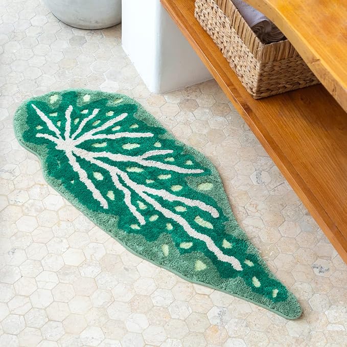 Begonia Non Slip Bath Mat or Kitchen Tufted Rug, Plant Leaf Shaped Kids Pets Floor Mat Carpet, Green, 45.3" x 16.3"