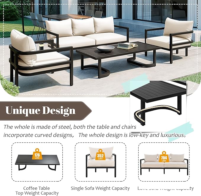 Merax 4 Piece Sectional Furniture Patio Sofa Multi-Person Outdoor Steel Sofa Set, Waterproof, Anti-Rust and Anti-uv, Suitable for Gardens and Lawns,Beige