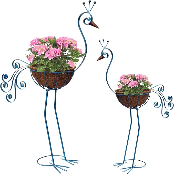 Metal Peacock Planter with Fiber Basket -Garden Bird Planters for Outdoor Indoor Lawn,Yard,Porch,Patio, Garden Decorations(Set of 2)