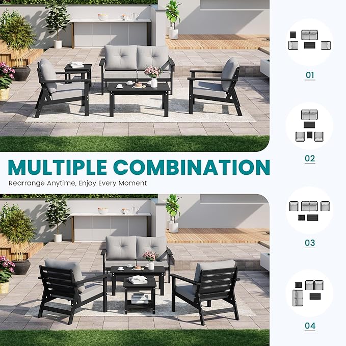 6-Piece HDPE Patio Furniture Set, Outdoor Sectional Sofa Set,All Weather Outdoor Couch with Dust-Free Cushions, Durable Patio Conversation Sets for Balcony, Porch, Black