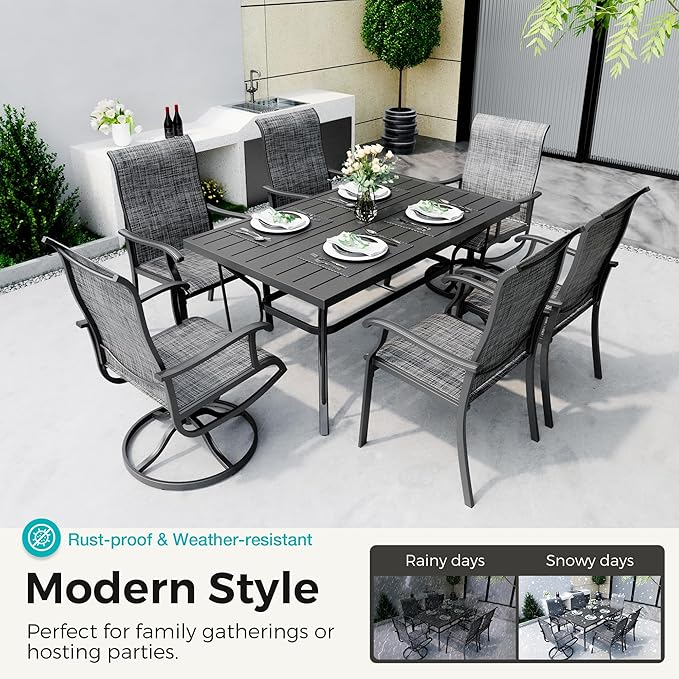Pamapic 7-Piece Outdoor Dining Set, Patio Dining Set for 6, All-Weather Outdoor Patio Set with 2 Textilene Swivel Chairs & 4 Regular Chairs for Garden, Poolside, Deck,Gray