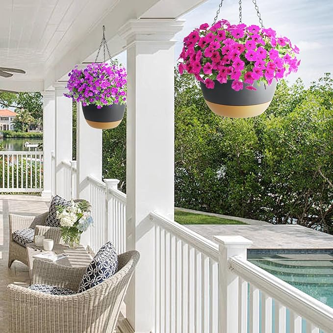 2 Pack Hanging Planters Set,10 Inch Indoor Outdoor Hanging Plant Pot Basket,Hanging Flower Pot with Drainage Hole with 3 Hooks for Garden Home… (Black Hanger Black Planters)