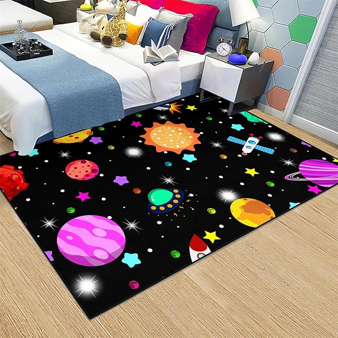 Space Rug - Space Rug for Boys Room Solar System Rug Planet Carpet for Kids Outer Space Area Rug Bedroom Boys Kids Rugs for Playroom Galaxy Rugs for Boys Bedroom,Black,5'×7'