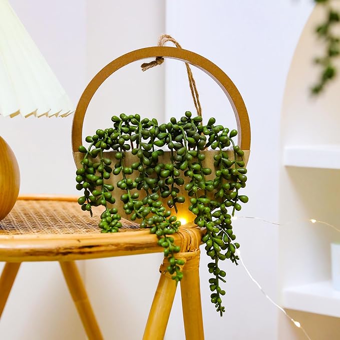 Floweroyal 2pcs Artificial Succulents Hanging Plants 12.2'' Fake String of Pearls in Pot with 8.3'' Lanyard for Indoor Outdoor Wall Decor(Wood Color).