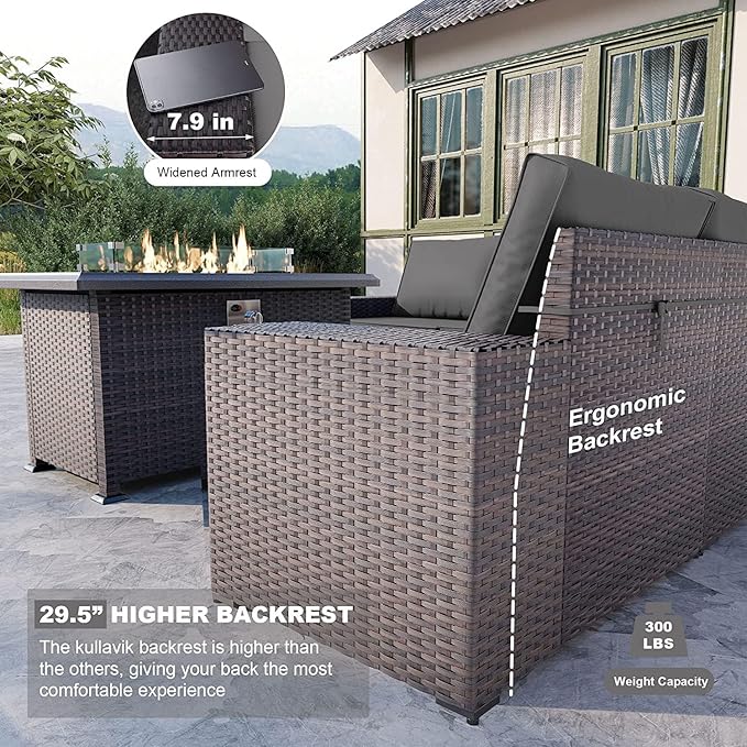 Kullavik 10 Pieces Outdoor Patio Furniture Set,PE Wicker Rattan Sectional Sofa Patio Conversation Sets with 43" 55000BTU Gas Propane Fire Pit Table,Swivel Rocking Chairs Set,Grey
