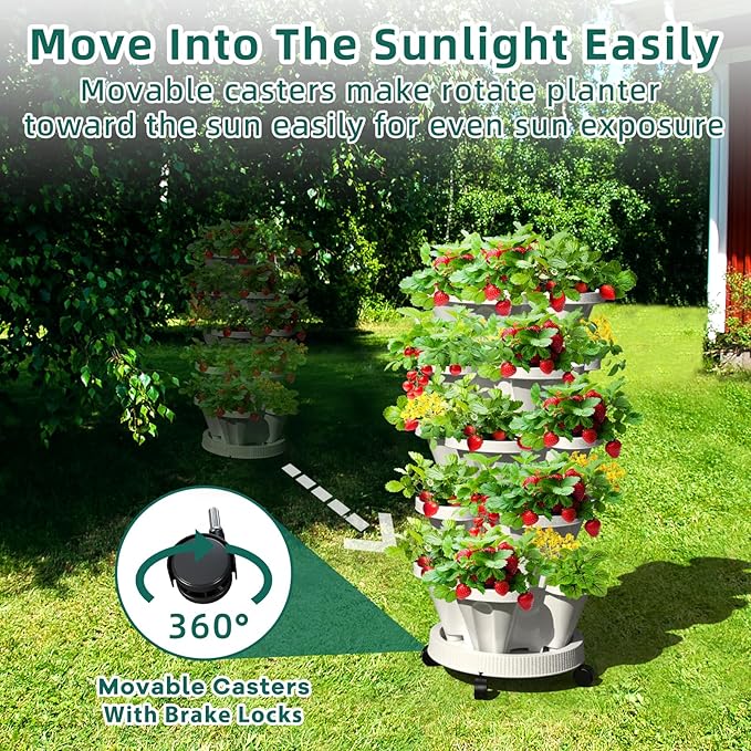 Strawberry Vertical Planters 2 Pack, 5 Tiered Stacking Tower Garden with Support Pole, Stackable Herb Vegetable Planters Indoor Outdoor Black