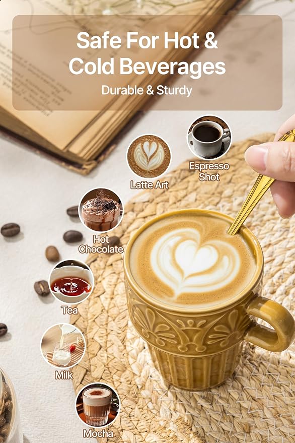 Cappuccino Cups, Espresso Cups, Stackable Mug Set of 6, Ceramic Coffee Mug 6 OZ Khaki for Hot Drinks Milk Dessert, Suitable for Home office Restaurant, Perfect for Holiday & Housewarming Present