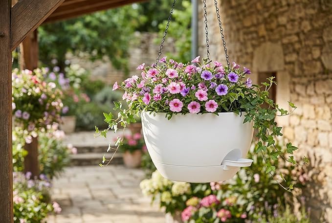 Hanging Planters, 3-Pack 10 Inch Self-Watering Pots with Drainage Holes and Chains, Matte Plastic Planters for Indoor/Outdoor Plant(White)