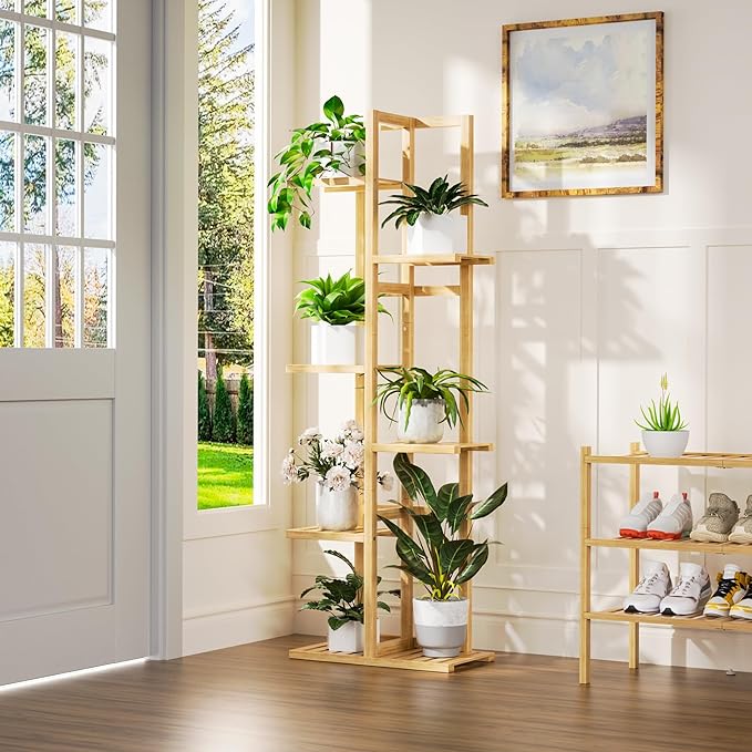 6 Tier Bamboo Plant Stand Indoor, Wood Tall Flower Holder Corner Tiered Plant Shelf for Multiple Plants (Natural)