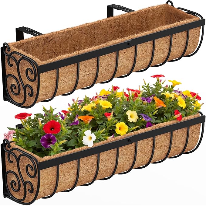 Railing Planter Boxes, 24 Inch Window Boxes Planters, Balcony Planters with Adjustable Brackets & Coco Liner & Support Rod for Outdoor Fence, Deck, Porch, and Patio Gardening, 2 Pack