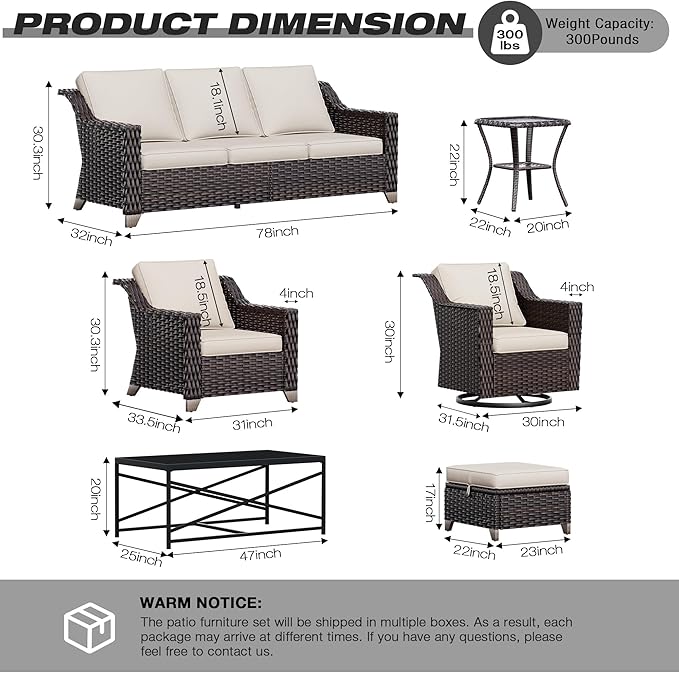 Joyside Wicker Patio Furniture Sets, 6 Pieces Upgraded Large Size Outdoor Furniture with Patio Dining Chairs, 3-Seat Sofa and Outdoor Ottoman, Thick Cushions, Wide Armrest