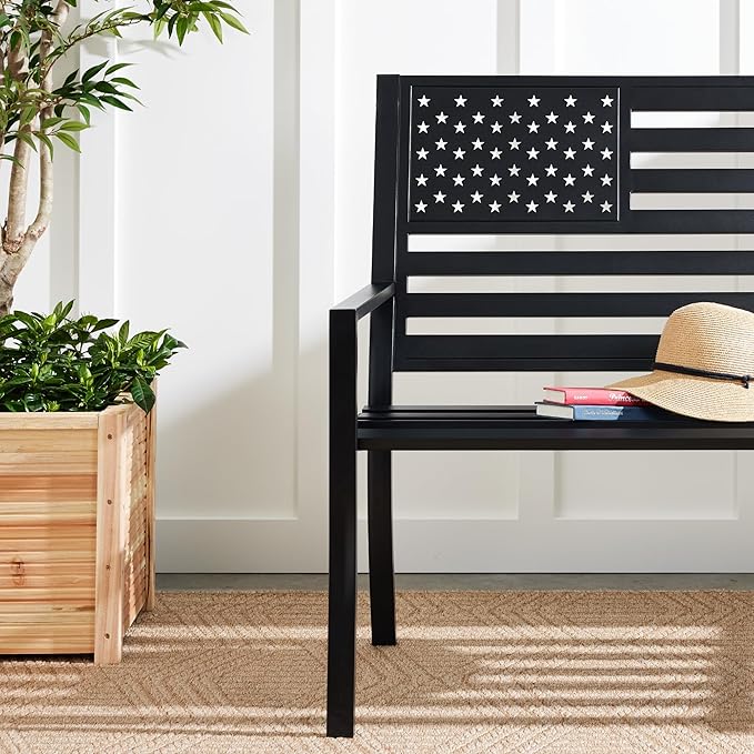 Best Choice Products Outdoor Bench 2-Person Steel Indoor/Outdoor Bench for Garden, Patio, Porch, Entryway w/American Flag, 790lb Capacity – Black