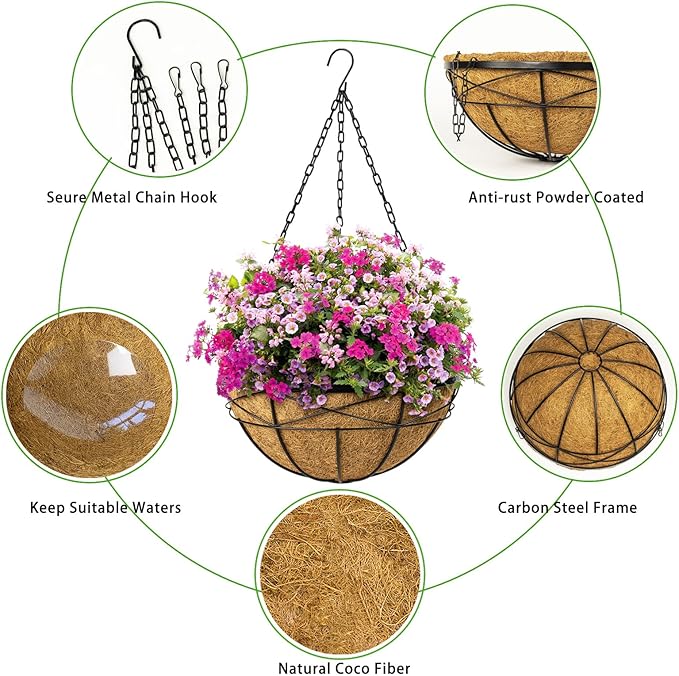 2 Pack 18 Inch Extra Large Deep Hanging Baskets for Plants Outdoor Metal Hanging Planters Flower Pots with Coco Liners Black Hanging Plant Holder for Porch Balcony Garden Planting