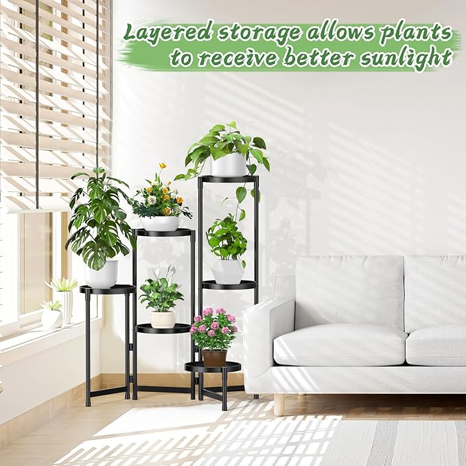 MOKANI Metal Plant Stand Indoor Outdoor for Multiple Plants, 6 Tiered Folding Corner Shelf Tall Flower Pot Holder Display Rack for Patio Living Room Balcony Garden, Black
