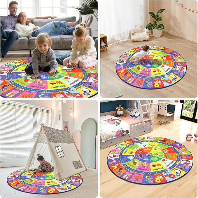 HEBE Kids Play Rug 4ft ABC Alphabet Numbers Shapes Educational Kid Area Rug Washable Baby Crawling Mat Non Slip Kid Play Mat Carpet for Girl Boy Bedroom Playroom