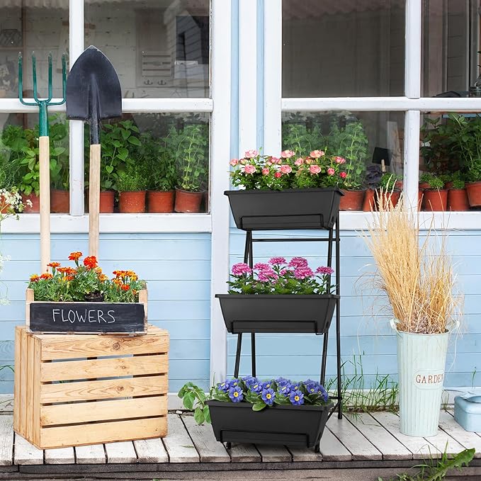 3 Tier Vertical Garden Planter Small Raised Garden Bed Freestanding Plastic Raised Planter Boxes Herb Planter Stand with Removable Tray for Indoor Outdoor Herbs Flowers Vegetables Plants Grey